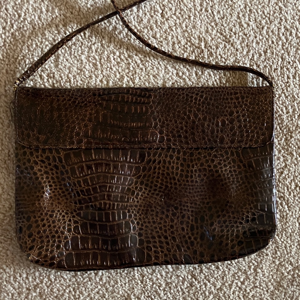 Faux Croc-Embossed Brown Crossbody Bag